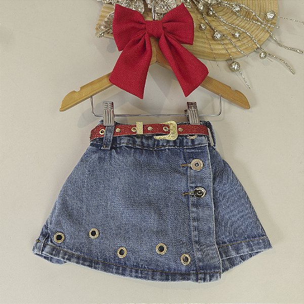 Short Saia Jeans Infantil Sinos de Natal Menina 04 ao 10 Anos