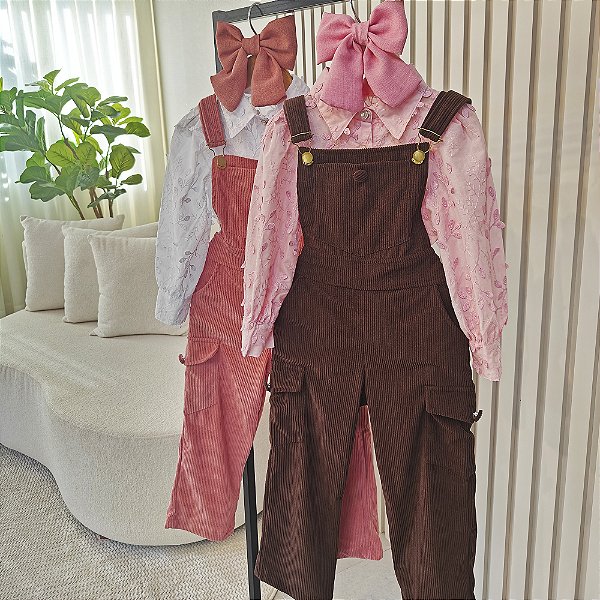 Jardineira Luiza Infantil Marrom e Rosa 04 ao 12