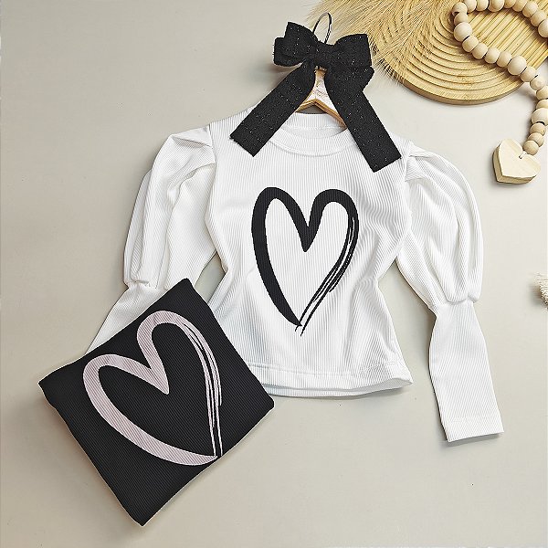 Blusa Infantil Manga Longa Coração Valentina Branco e Preto Menina 04 ao 12