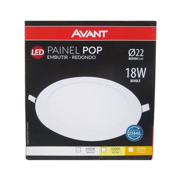 Painel POP Redondo de Embutir 6500K 22X22cm 18W AVANT
