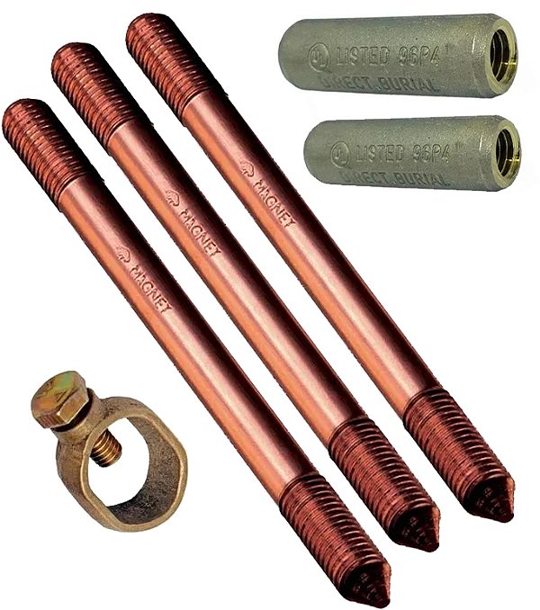 KIT 3 HASTE TERRA 5/8"X2,4M C/ROSCA PROLONGAVEL + GRAMPO CONECTOR  HASTE  5/8 REFORÇADO + LUVA EMENDA HASTE 5/8