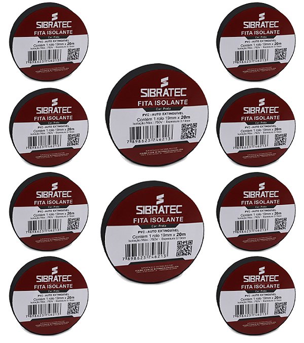 KIT 10 FITA ISOLANTE PRETA 19MM X 20MT SIBRATEC