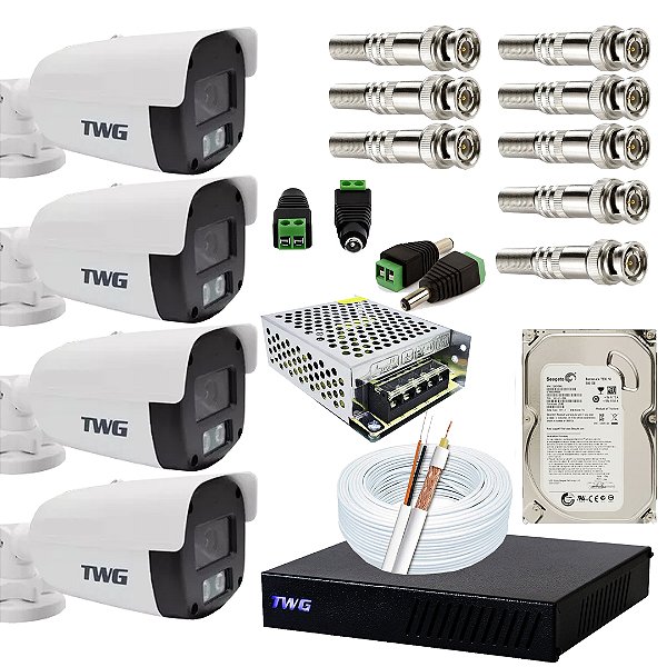 KIT 04 CÂMERA TWG BULLET PLAST + KIT INSTALAÇÃO
