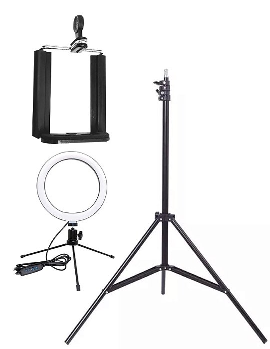 KIT TRIPÉ PRÓ 2,00M PEDESTAL + RING LIGHT + SUPORTE CELULAR