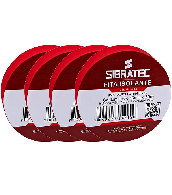 KIT 4 FITA ISOLANTE VERMELHO 19MM X 20MTSIBRATEC