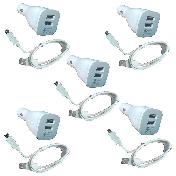 KIT 05 CARREGADOR VEICULAR 2 USB COM CABO V8 SAMSUNG