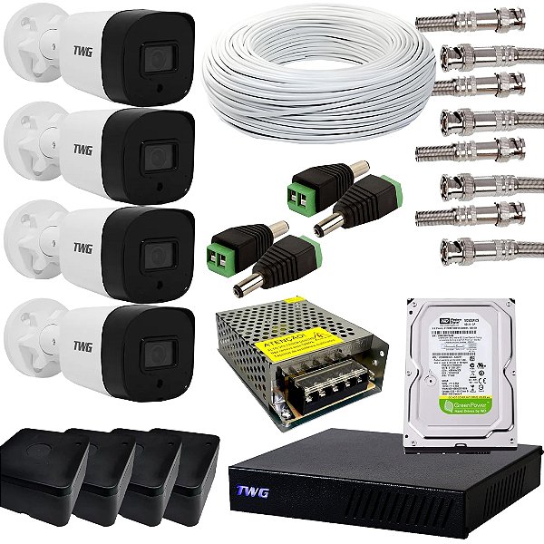 Kit Cftv Dvr 4 Canais + 4 Câmeras + 100m Cabo FULL HD TWG