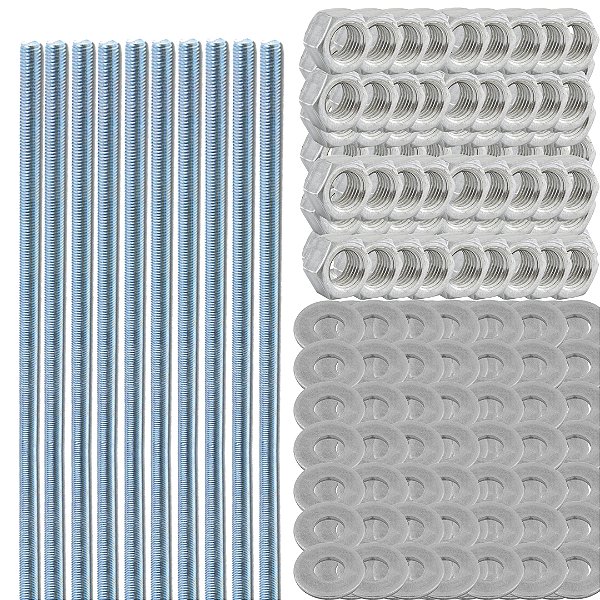 KIT 10 BARRA ROSCAD 1/4"X1M ZINC + 100 ARRUEL + 100 PORC 1/4