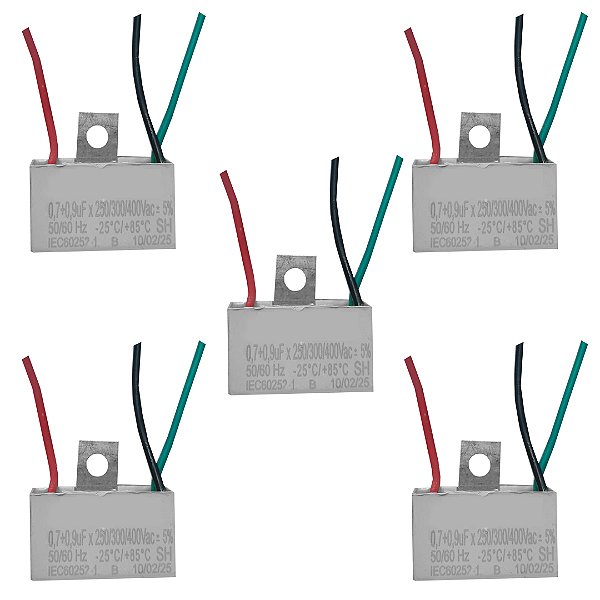 KIT 5 CAPACITOR 3 FIOS 0,7  0,9 UF X 250/400 V CHAPA TRI