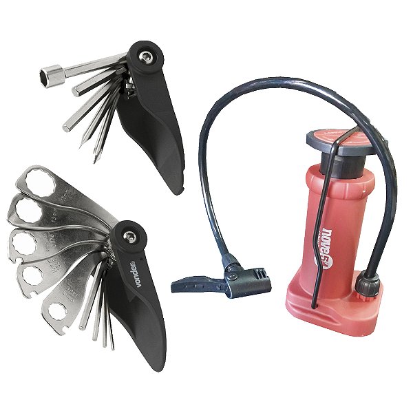 KIT JOGO FERRAMENTAS P/ BICICLETA 17PC + BOMBA AR