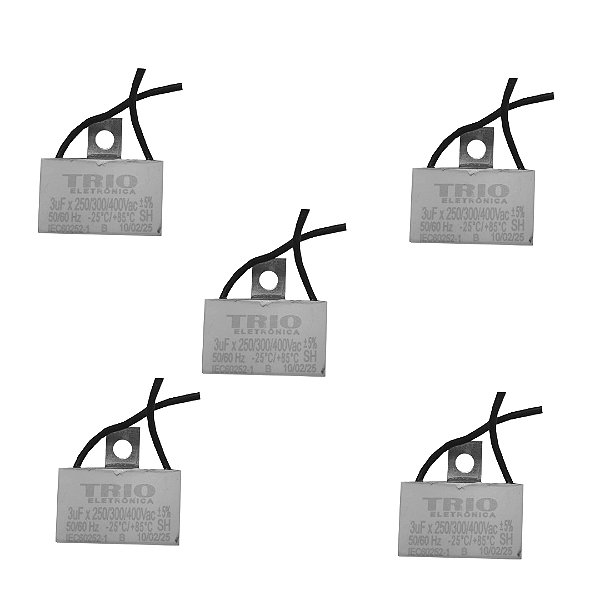 KIT 5 CAPACITOR 2 FIOS QUADRADO 3 UF X 250/400V  CHAPA TRI