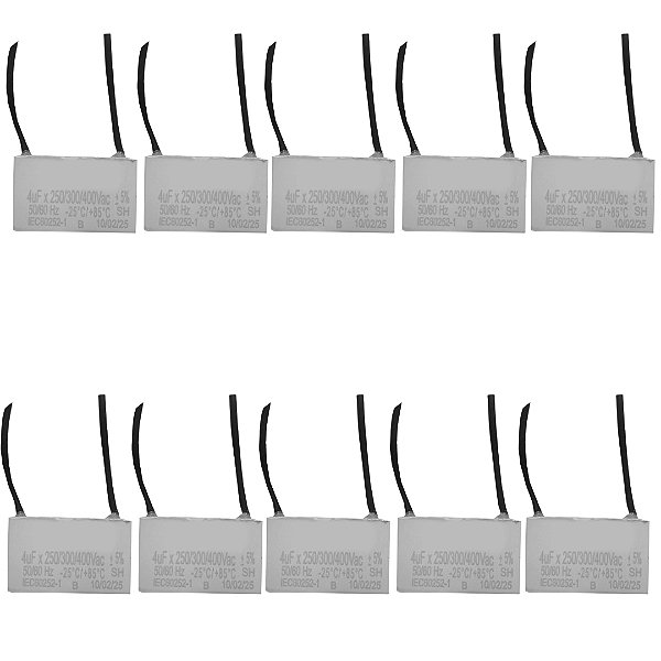 KIT 10 CAPACITOR 2 FIOS QUADRADO 4UF X 250/400V TRI