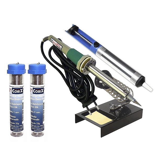 KIT SUPORTE P/ FERRO DE SOLDA + FERRO 127V + ESTANHO + SUGA