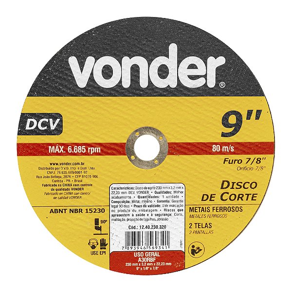 DISCO CORTE 230,0 X 3,2 X 22,23 DCV VONDER