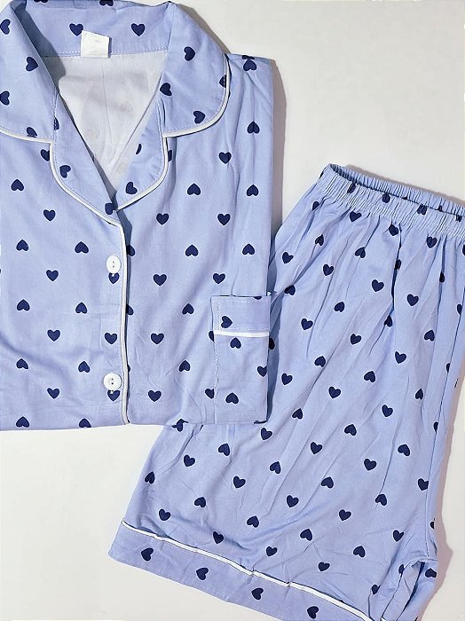 Pijama Americano Coração Azul Short Doll