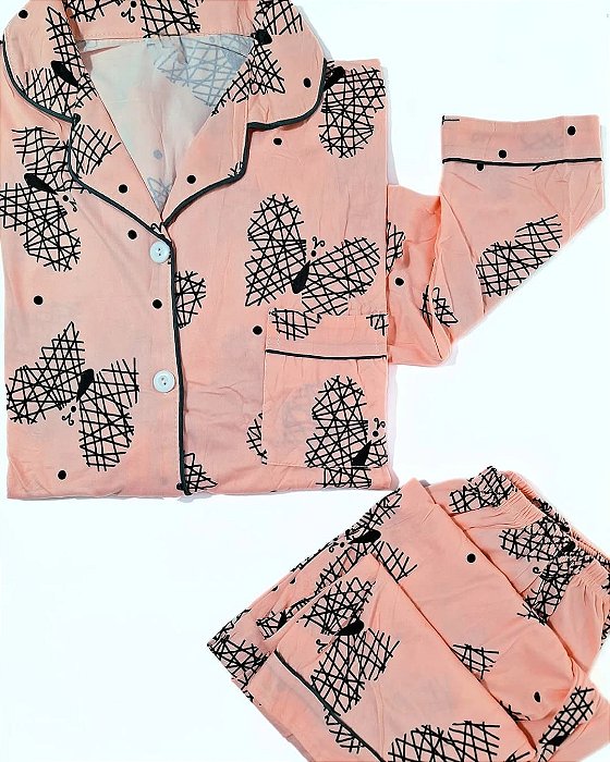 Pijama Americano Manga Comprida Borboleta Salmão