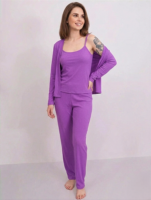 Conjunto Pijama 3 Peças Suede Canelado