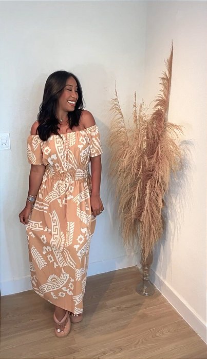 Vestido Longo  Marilia  Ciganinha com manga curta e lastex na cintura fenda lateral