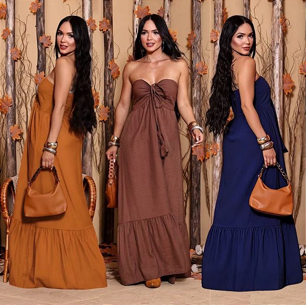 Vestido Nina Vestido Feminino Longo Tomara que Caia com Amarração no Pescoço, Detalhe no Busto e Elástex nas Costas Moda Verão Festa