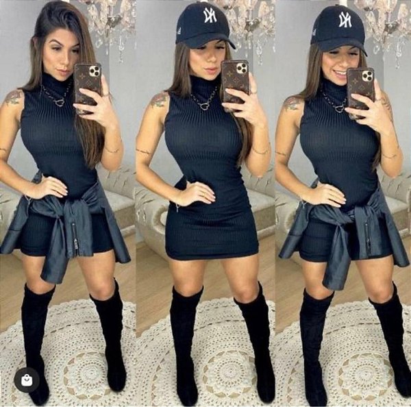 Vestido Midi Canelado Gola Alta