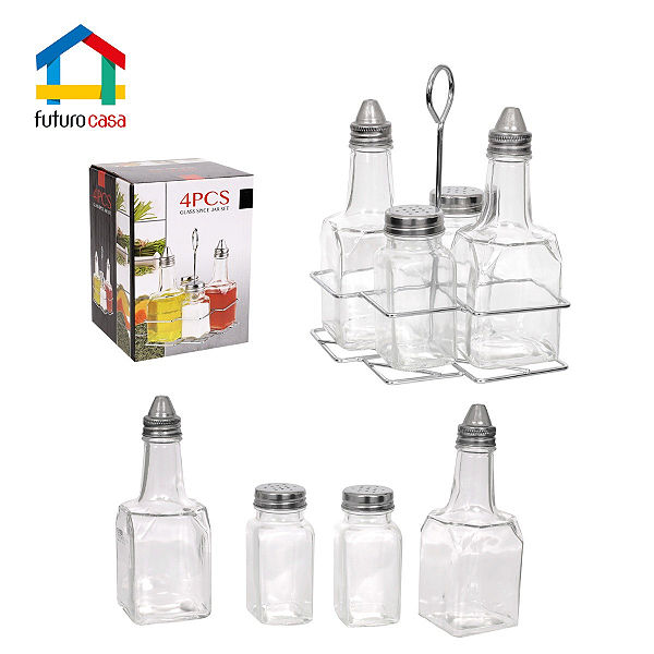 Conjunto Jogo Kit galheteiro azeiteiro e porta condimento de vidro com suporte