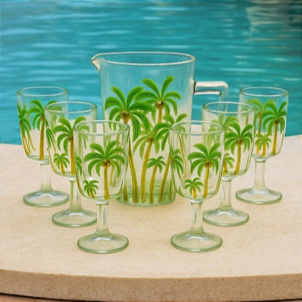 Conjunto jarra e taças tropical palm clear 1300ml e 330ml