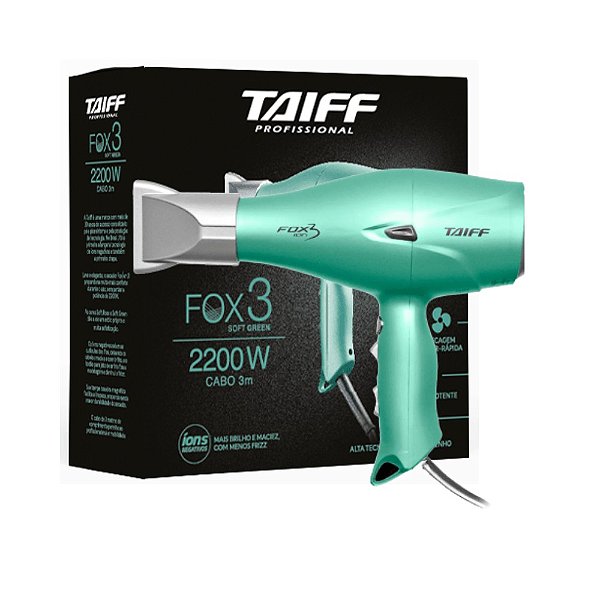 Secador Taiff Fox Ion 3 Soft Green, 2200W, 220V - Plena Cosméticos