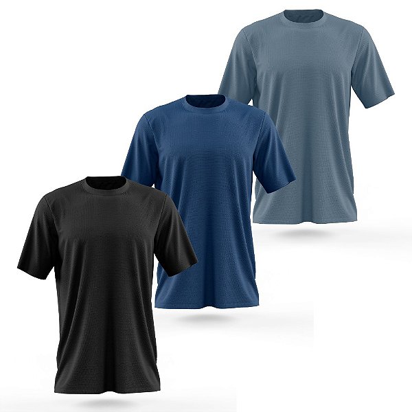 Kit Camiseta Dry Fit Masculina Trybasics Básica - 3 peças - Preto / Chumbo / Azul