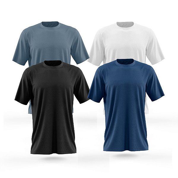 Kit Camiseta Dry Fit Masculina Trybasics Básica - 4 peças - Preta/ Azul/ Branco/ Chumbo