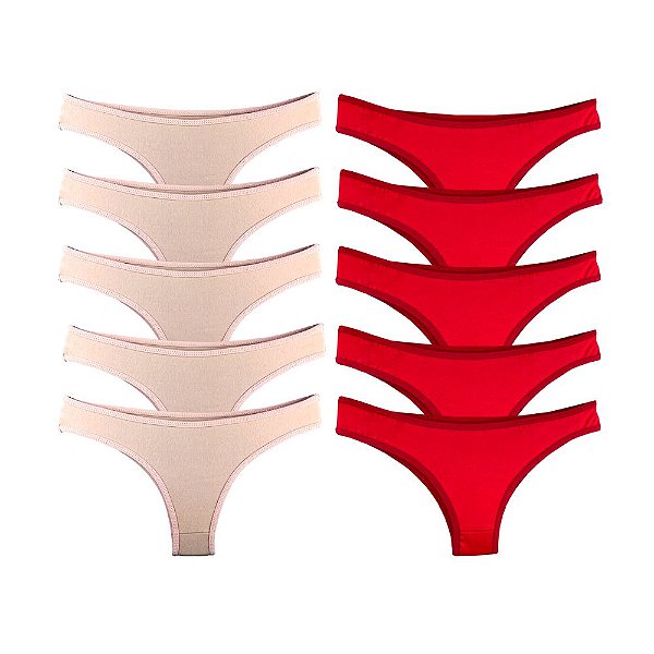 Promoção Kit 10 Calcinhas Tanga Algodão Básica - Vermelha e Bege
