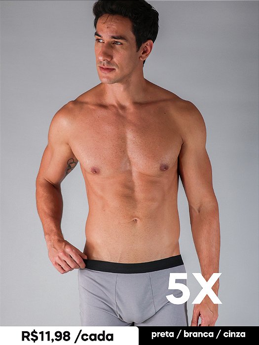 Kit Cueca Boxer Básica de Algodão 5 Peças - Cinza / Branca / Preta