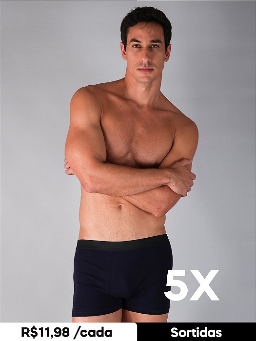 Kit Cueca Boxer Básica de Algodão 5 Peças - Preta / Azul / Branca / Vermelha / Cinza