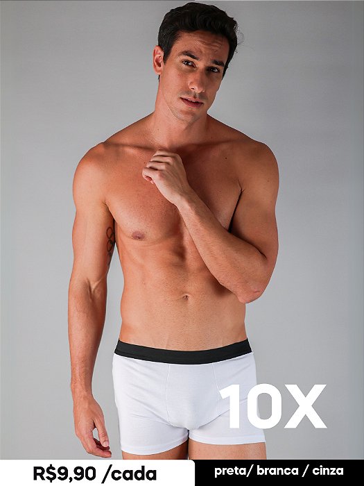 Kit Cueca Boxer Básica de Algodão 10 Peças - Cinza / Branca / Preta