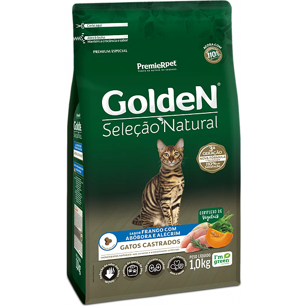 Ração Golden Seleção Natural Gatos Castrados Frango com Abóbora e Alecrim
