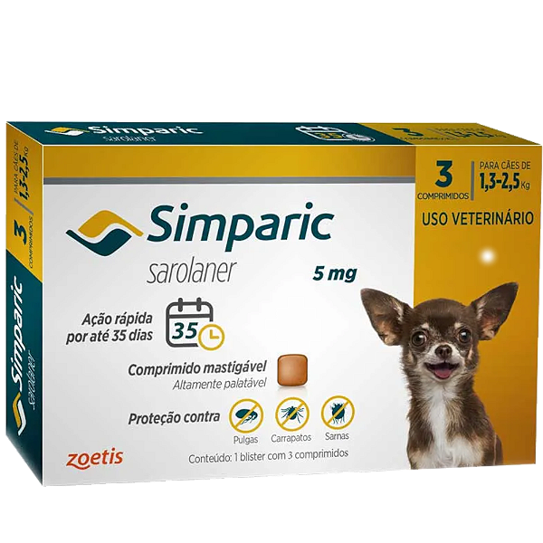 Antipulgas Simparic 5mg Para Cães 1,3 a 2,5kg
