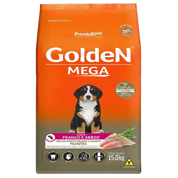 Ração Golden Mega para Cães Filhotes Raças Grandes Frango e Arroz 15 kg
