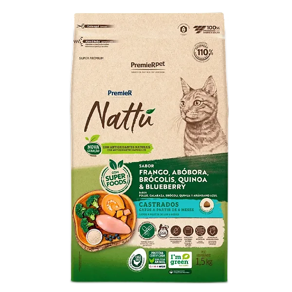 Ração Premier Nattu Gatos Adultos Castrados