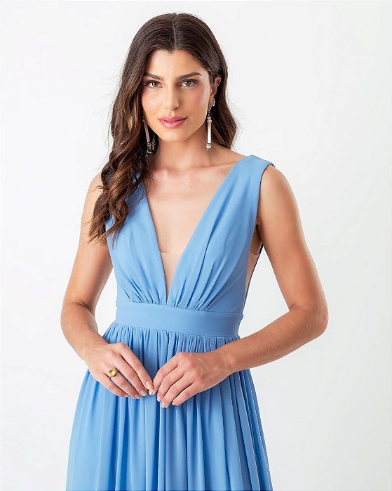 VESTIDO LONGO CREPE DE SEDA TULE NAS LATERAIS E BUSTO AZUL CEU BN