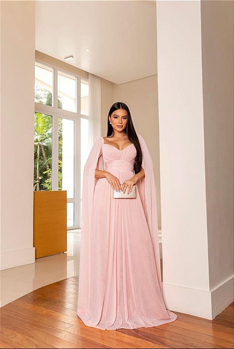 VESTIDO LONGO MICROTULE ESTILO CAPA BUSTO COM DETALHE DRAPEADO ROSE CA
