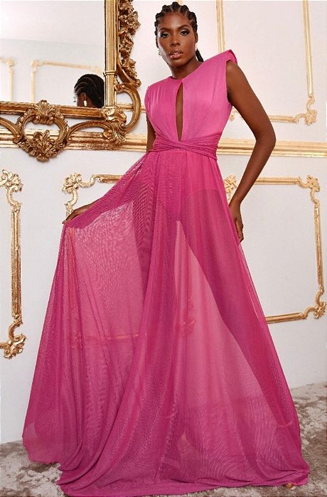 VESTIDO LONGO MICROTULE M/L REMOVIVEL COM OMBREIRA HOT PANT FUCSIA SP