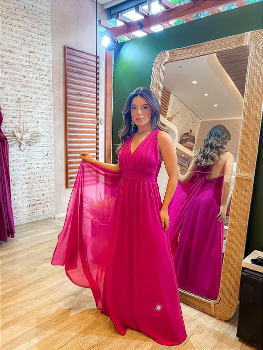 VESTIDO LONGO CREPE DE SEDA ESTILO CAPA PALA CINTURA DECOTE V PINK AR