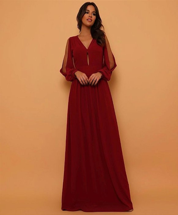VESTIDO LONGO CHIFON MANGA LONGA VAZADA DECOTE V COM ABERTURA MARSALA AR
