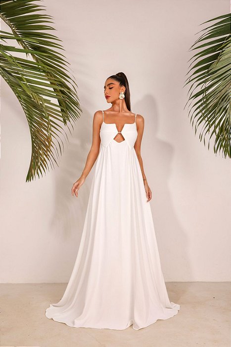 VESTIDO LONGO CREPE ALÇA FINA VAZADO BUSTO BRANCO DOT