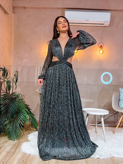 VESTIDO LONGO LUREX RECORTE CINTURA MANGA LONGA PRETO SORI