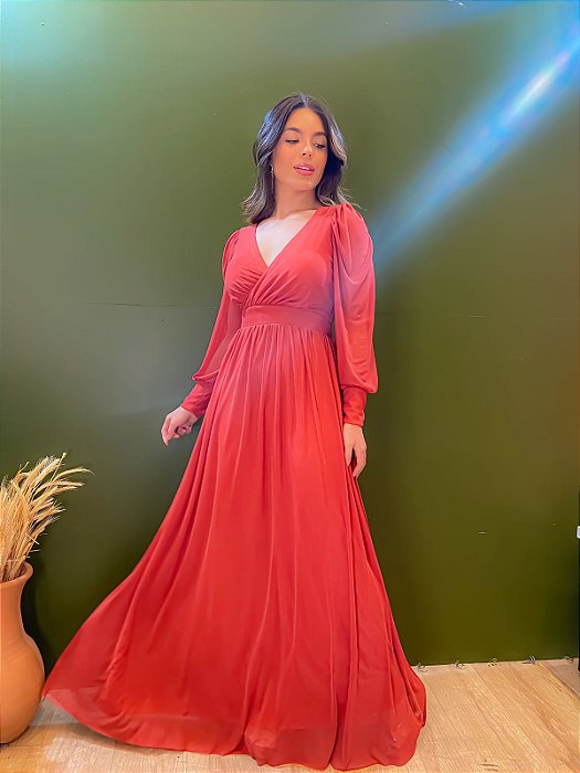 VESTIDO LONGO MICROTULE MANGA LONGA COSTAS COM AMARRAÇÃO TERRA COTA CA