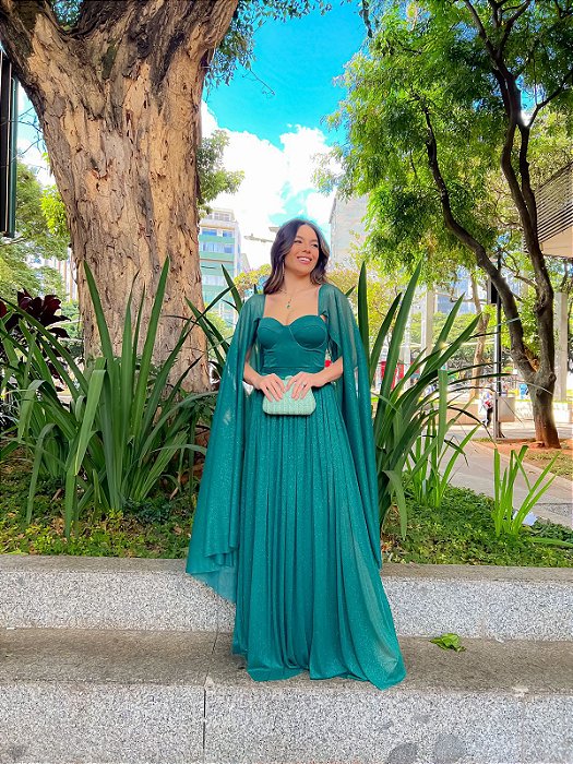 VESTIDO LONGO LUREX MANGA CAPA ESTILO CORPETE VERDE FLORESTA NT
