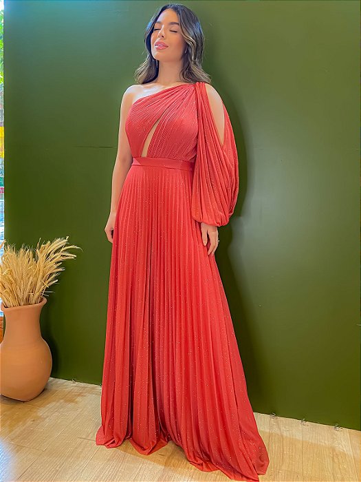 VESTIDO LONGO LUREX PLISSADO OMBRO SO TERRA COTA NT