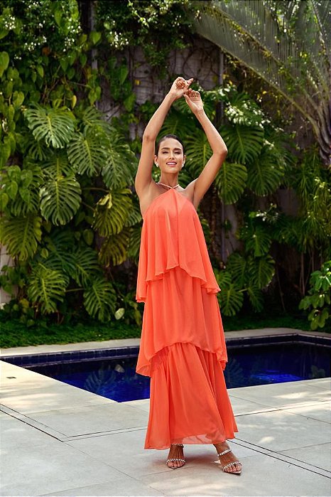 VESTIDO LONGO CREPE DE SEDA EM CAMADAS ALÇA EM PEDRARIA CORAL