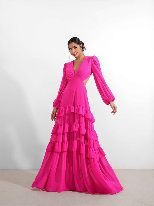 VESTIDO LONGO CREPE DE SEDA MANGA LONGA SAIA COM CAMADAS COSTAS VAZADA PINK MB