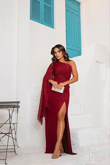 VESTIDO LONGO MICROTULE UM OMBRO SO ESTILO CAPA DETALHE LATERAL MARSALA CA